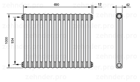 Схема (чертеж) Радиатор Zehnder Charleston 2100/15 №1270 Белый глянцевый RAL 9016